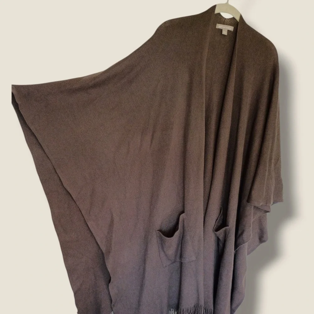 Woman Within Brown Open Front Fringe Hem Poncho Cape Pockets Oversized Cabincore